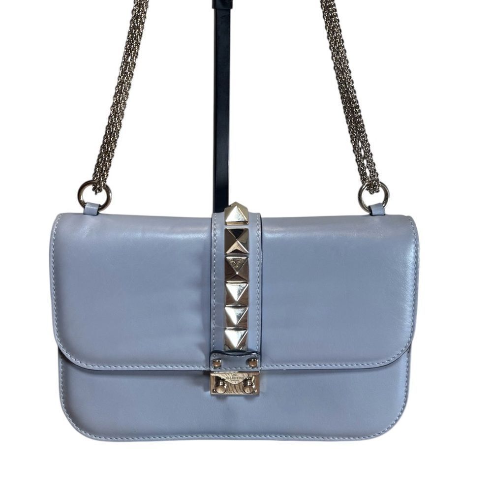 VALENTINO GARAVANI Light Blue Gray Rockstud Glam Lock Crossbody Shoulder Bag